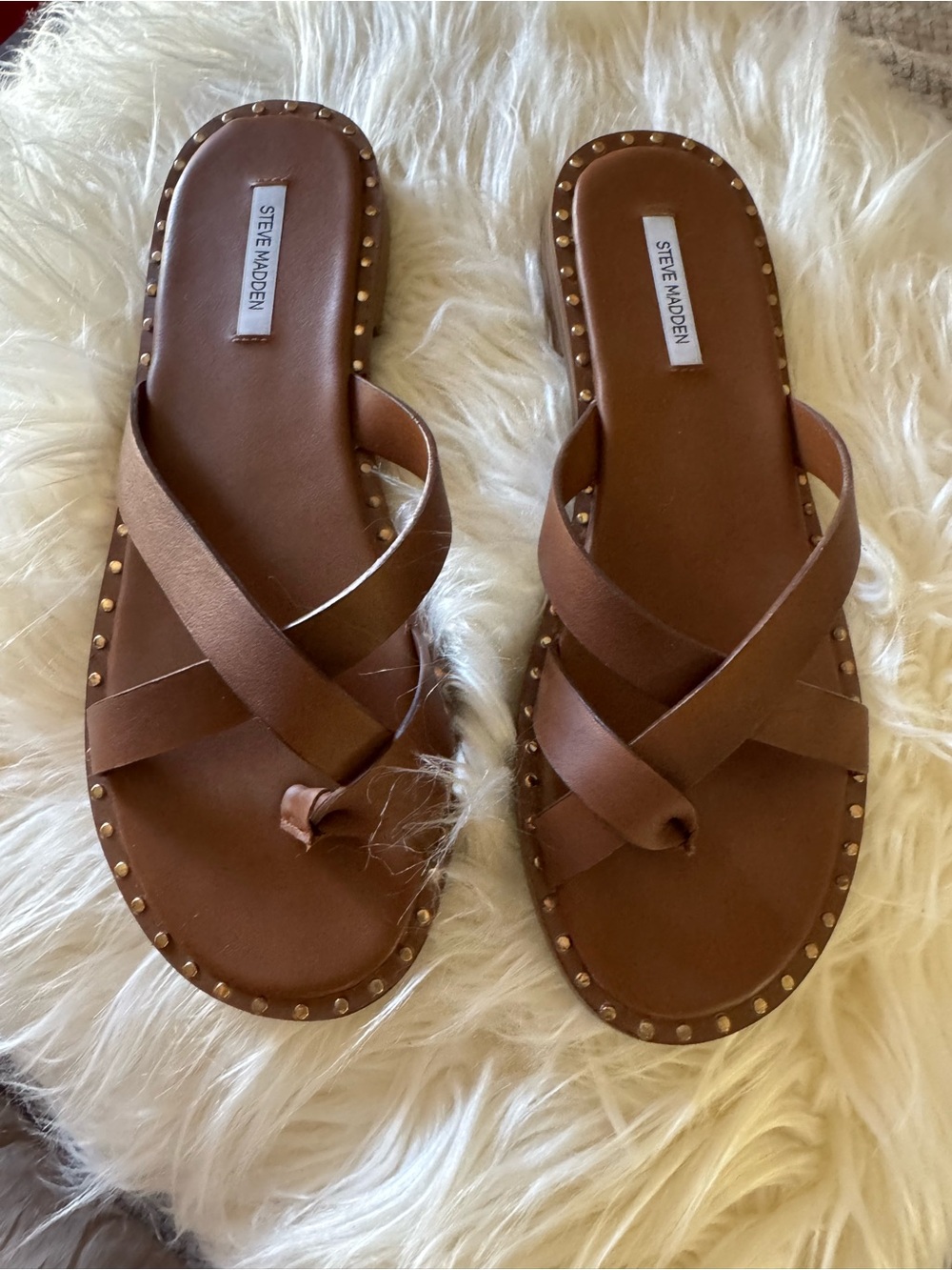 Steve Madden Brown Crisscross Studded Slide Sandals